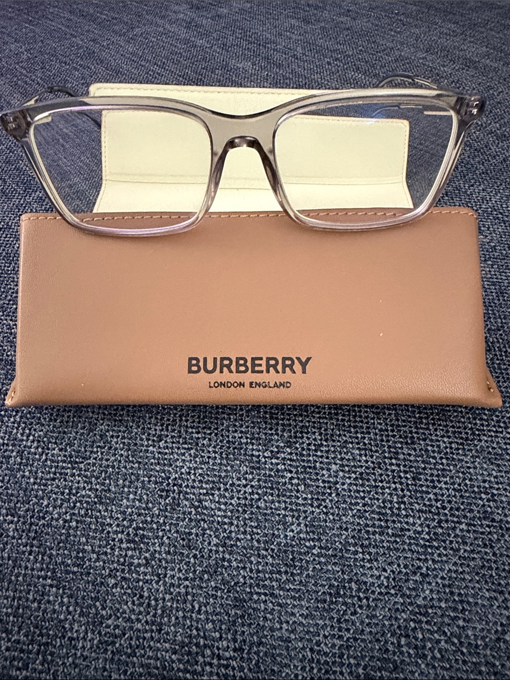 Burberry Men’s Clear Gray Frame Glasses with Tan Case - Harrington